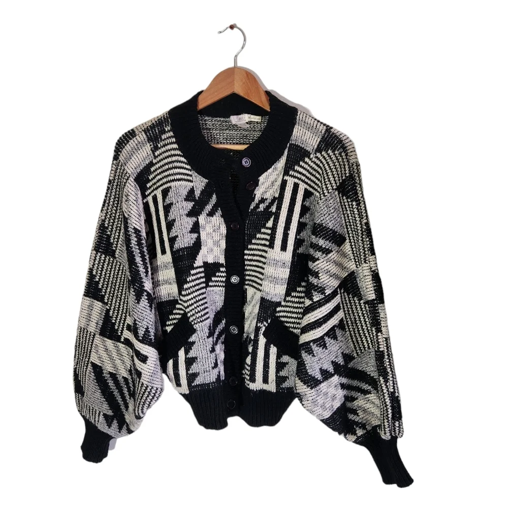 Mohair Wool Fanci Vintage Cardigan Trival Print Size M oversized Black Color - Picture 4 of 14